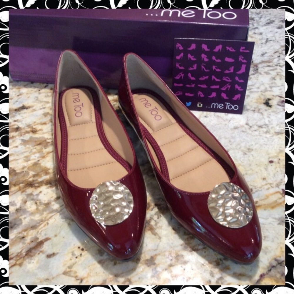 Brand New “ME TOO” Patent Burgundy/gold Flats